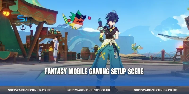 Fantasy mobile gaming setup scene