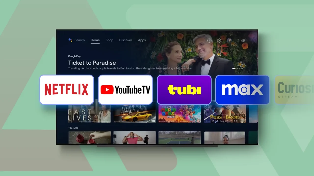 Android TV home screen featuring free and paid movie streaming apps such as Tubi, Netflix, and Max