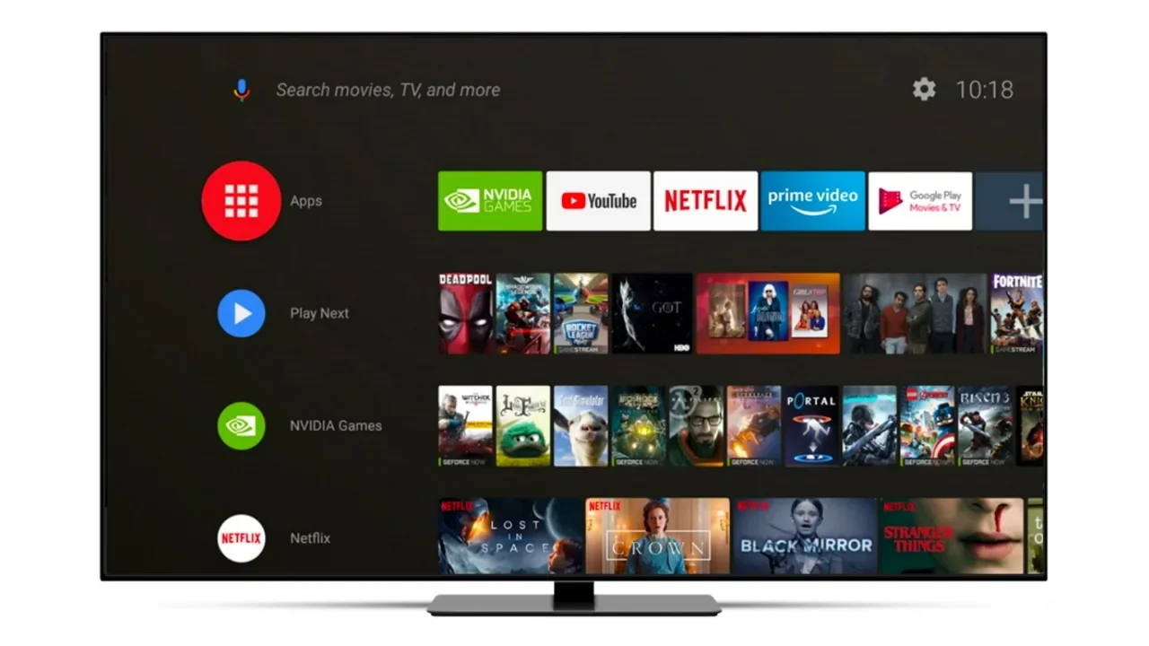 Android TV interface with apps and streaming content