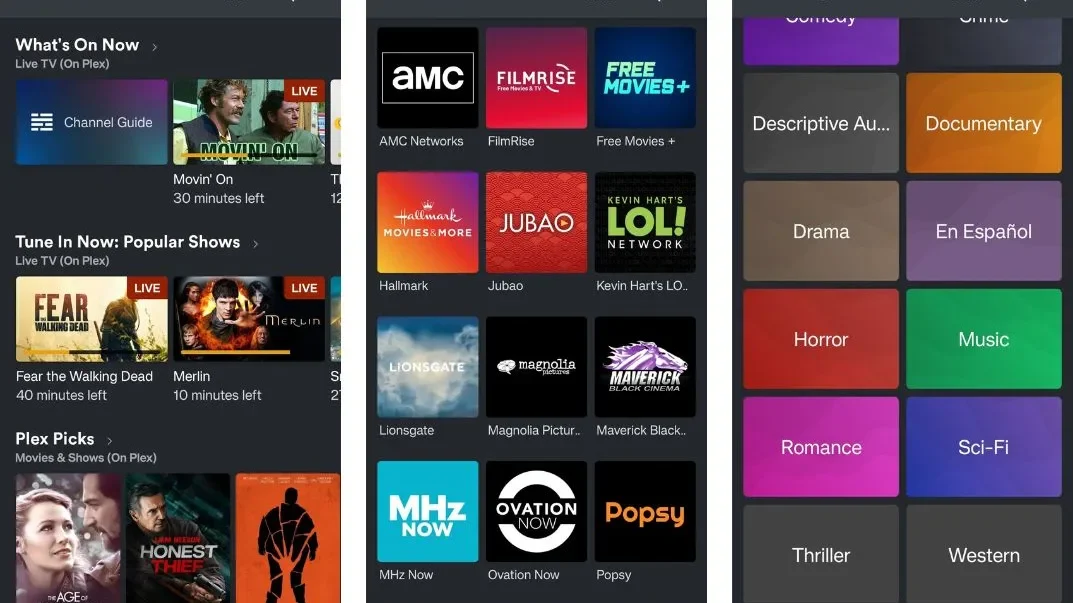 Plex app interface displayed on a TV screen for streaming movies and shows